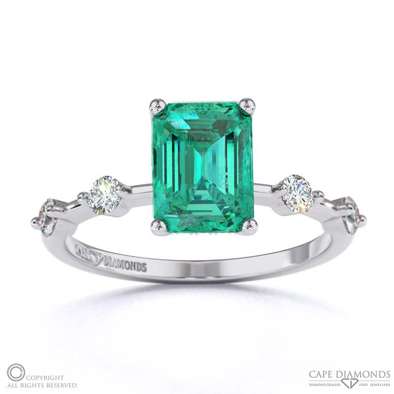 Emerald Bubble Drop Side Stone Hidden Halo Emerald Cut Engagement Ring White Gold