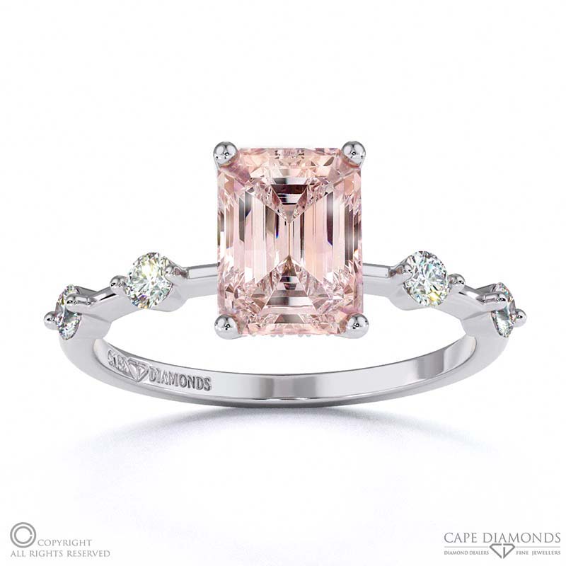 Morganite Bubble Drop Side Stone Hidden Halo Emerald Cut Engagement Ring White Gold