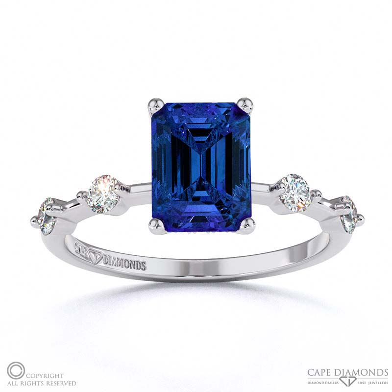 Tanzanite Bubble Drop Side Stone Hidden Halo Emerald Cut Engagement Ring White Gold