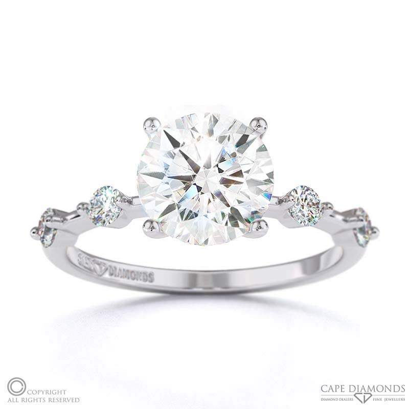 Four Prong Brilliant Round Lab Grown Diamond Hidden Halo Engagement Ring White Gold With Side Diamond Drops