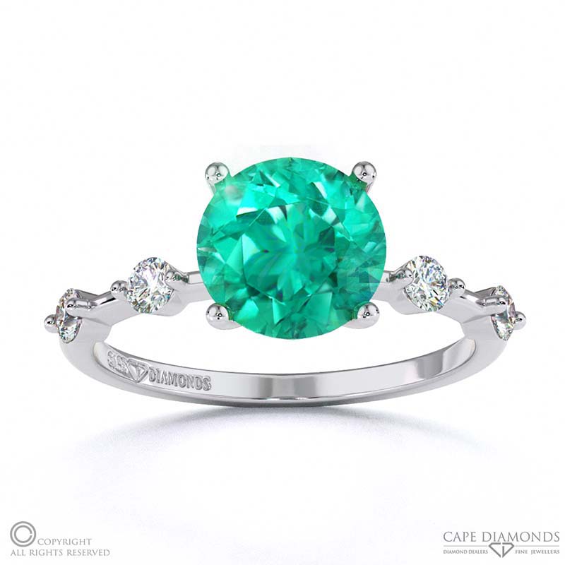 Emerald Bubble Drop Side Stone Hidden Halo Round Cut Engagement Ring White Gold