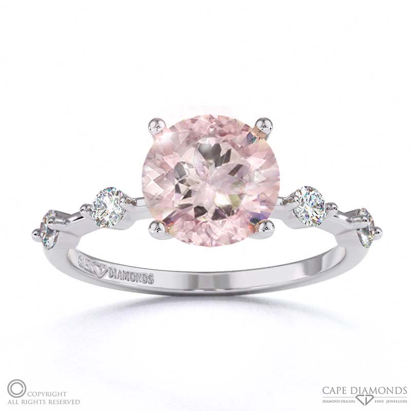 Morganite Bubble Drop Side Stone Hidden Halo Round Cut Engagement Ring White Gold