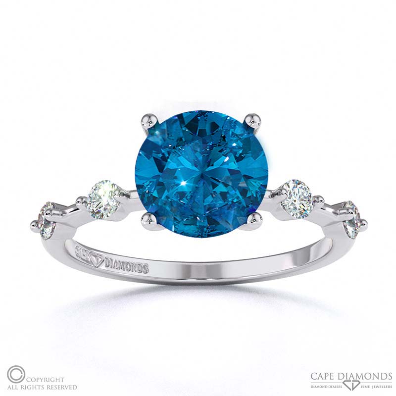 Sapphire Bubble Drop Side Stone Hidden Halo Round Cut Engagement Ring White Gold