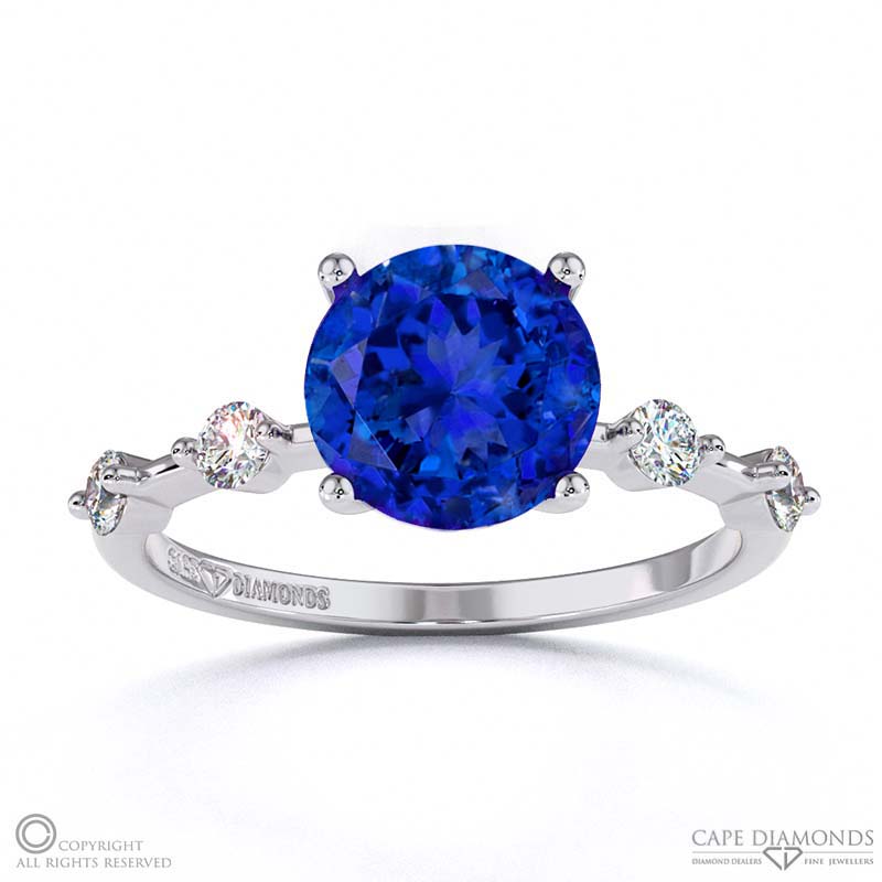 Tanzanite Bubble Drop Side Stone Hidden Halo Round Cut Engagement Ring White Gold