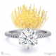 low-set pincushion lab grown diamond on thin squared band with pavé side diamonds with platinum metal and round shape diamond