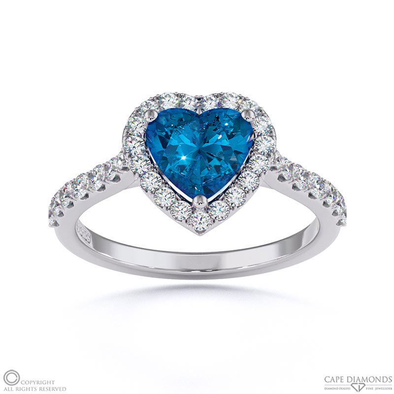 Sapphire Halo Heart Shaped Side Stone Engaement Ring White Gold