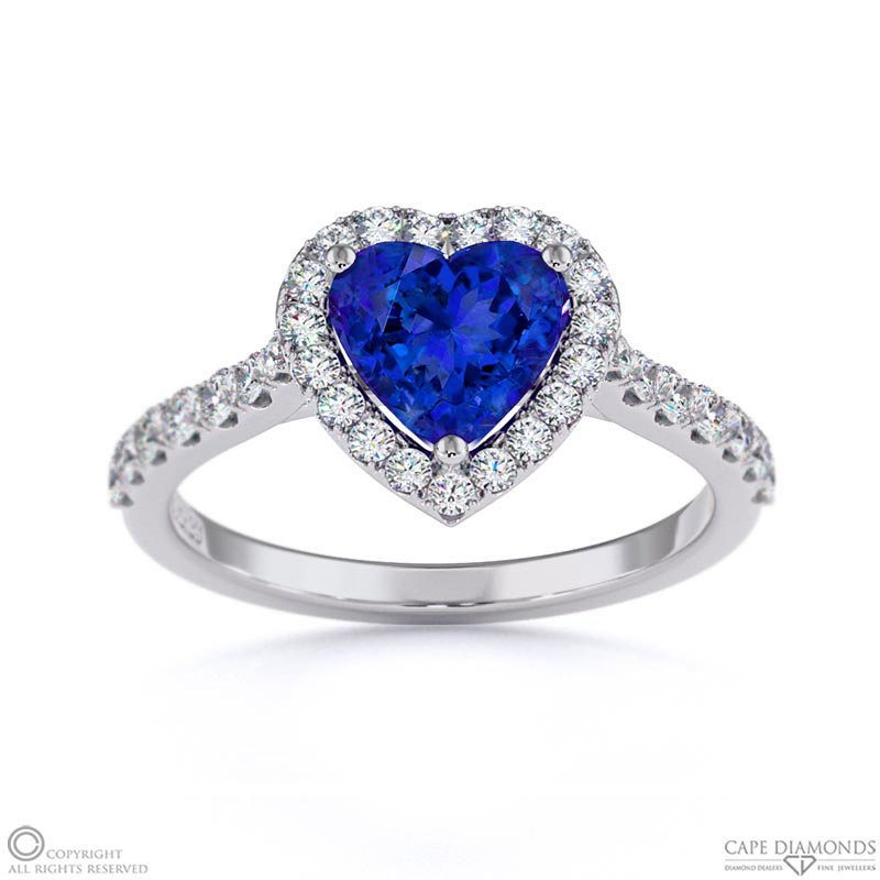 Tanzanite Halo Heart Shaped Side Stone Engaement Ring White Gold