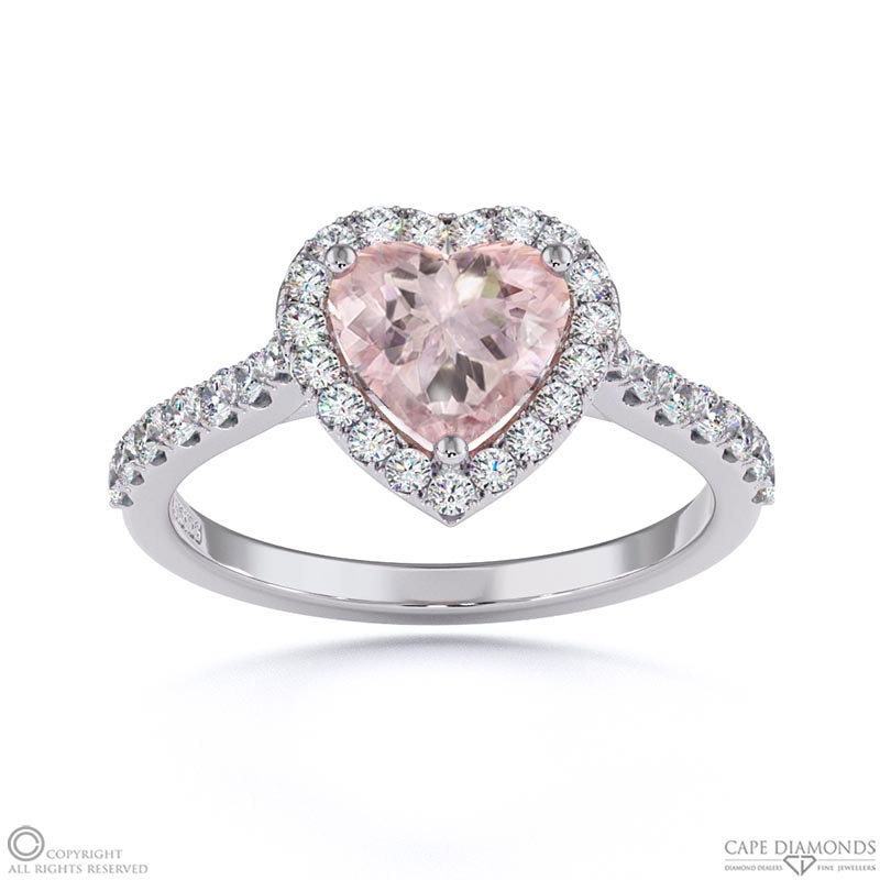 Morganite Halo Heart Shaped Side Stone Engaement Ring White Gold