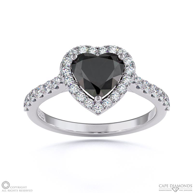 Black Lab Grown Diamond Halo Heart Shaped Side Stone Engaement Ring White Gold