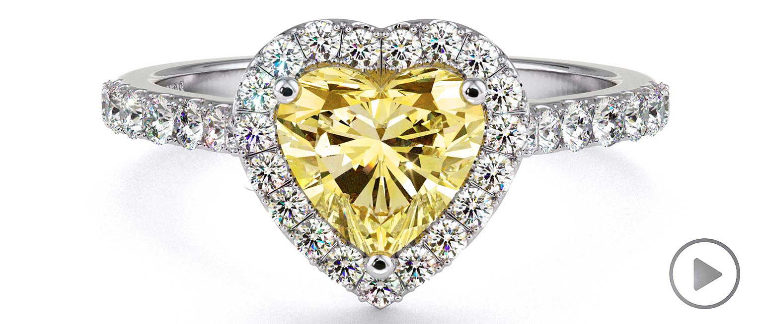 Yellow Lab Grown Diamond Halo Heart Shaped Side Stone Engaement Ring White Gold top video