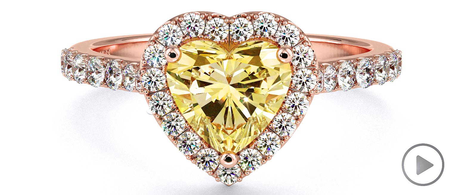 Yellow Lab Grown Diamond Halo Heart Shaped Side Stone Engaement Ring Rose Gold top video