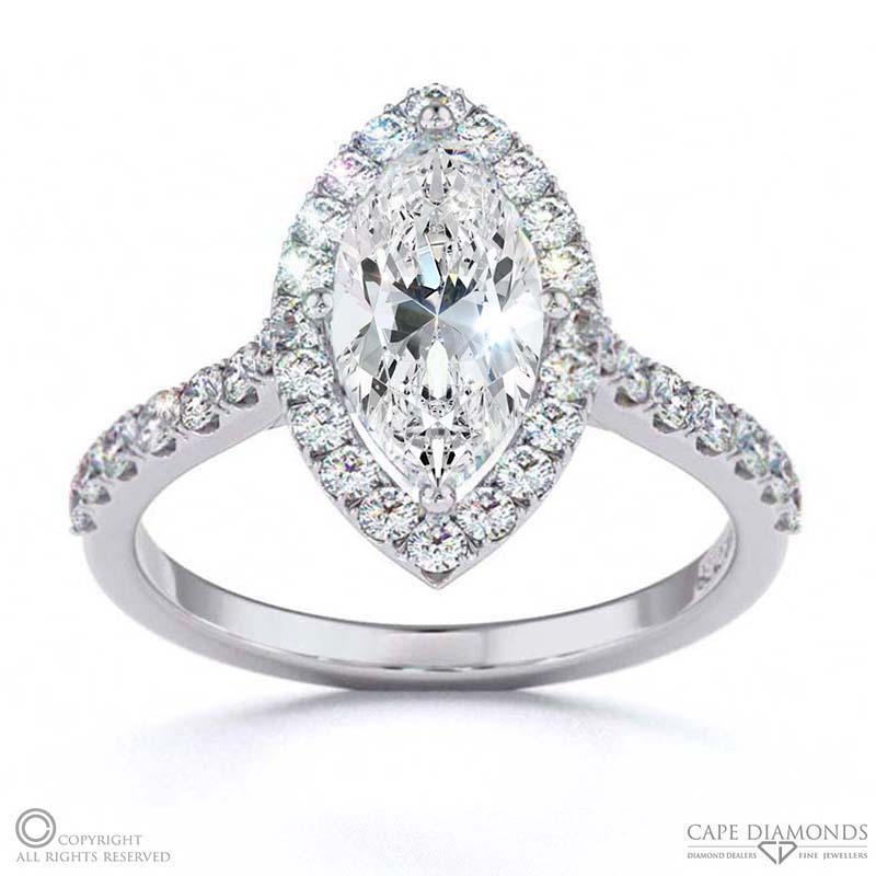 Marquise Natural Diamond Halo Cathedral Natural Diamond Engagement Ring White Gold With Pavé Side Natural Diamonds