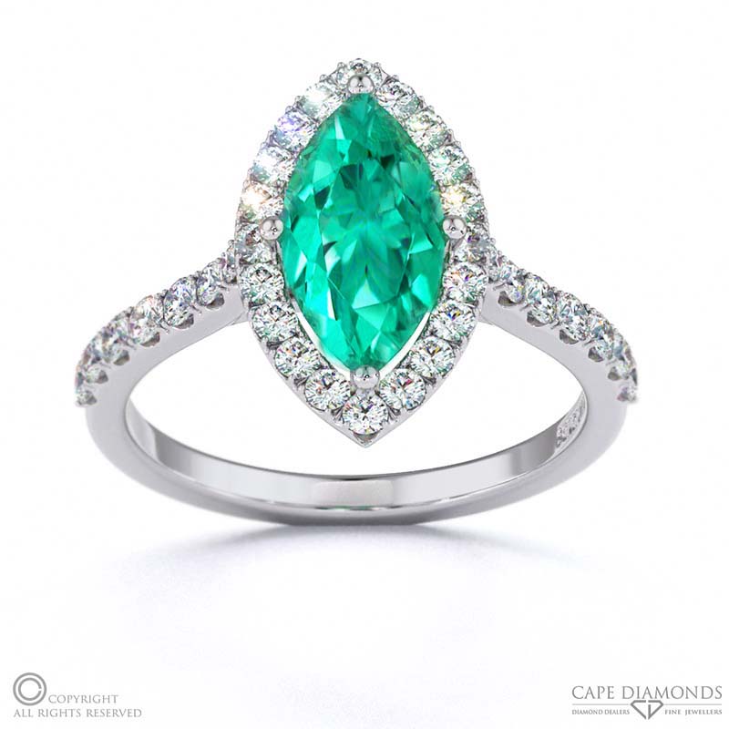Tourmaline Halo Marquise Shaped Side Stone Engaement Ring White Gold
