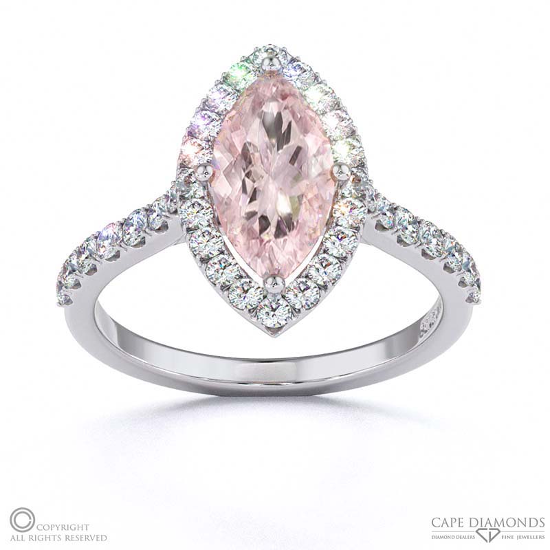 Morganite Halo Marquise Shaped Side Stone Engaement Ring White Gold