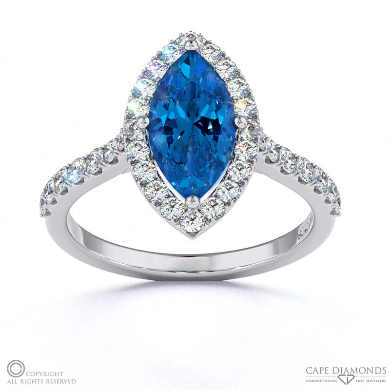 Sapphire Halo Marquise Shaped Side Stone Engaement Ring White Gold