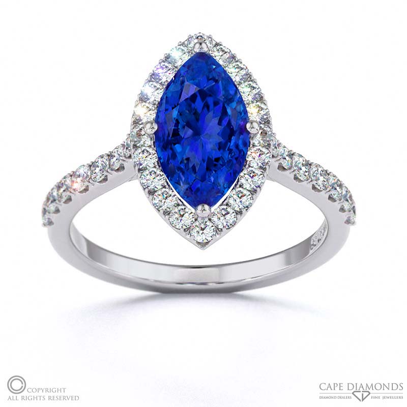 Tanzanite Halo Marquise Shaped Side Stone Engaement Ring White Gold