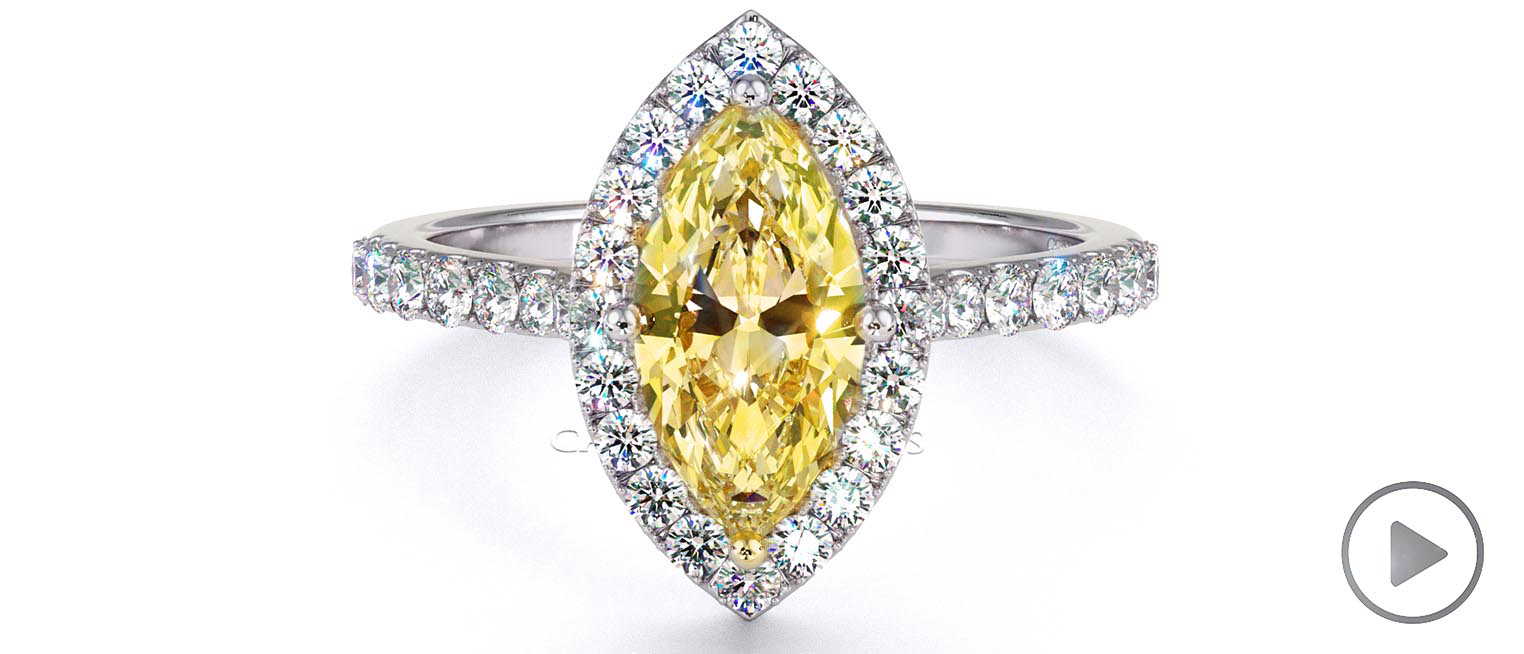 Yellow Lab Grown Diamond Halo Marquise Shaped Side Stone Engaement Ring Platinum top video