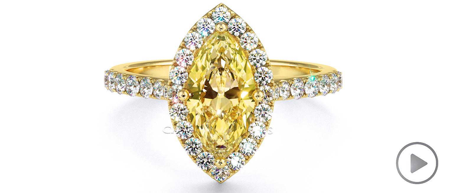 Yellow Natural Diamond Halo Marquise Shaped Side Stone Engaement Ring Yellow Gold top video