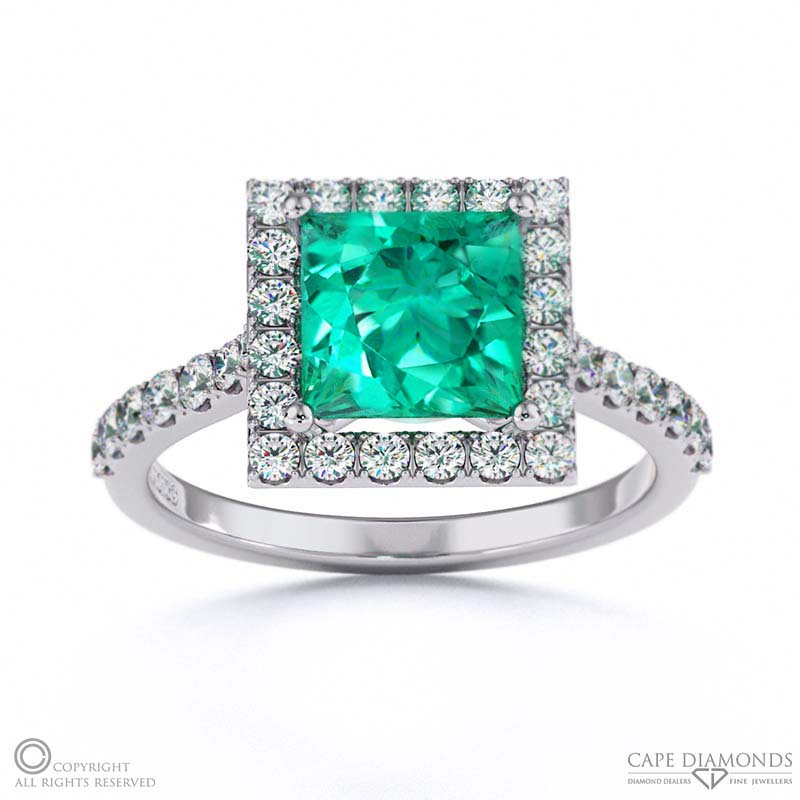 Tourmaline Halo Princess Shaped Side Stone Engaement Ring White Gold