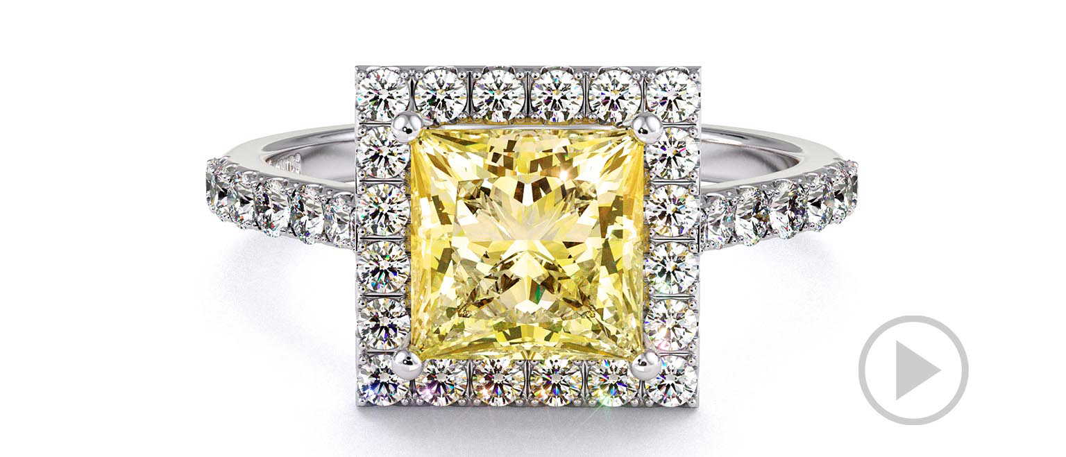 Yellow Lab Grown Diamond Halo Princess Shaped Side Stone Engaement Ring White Gold top video