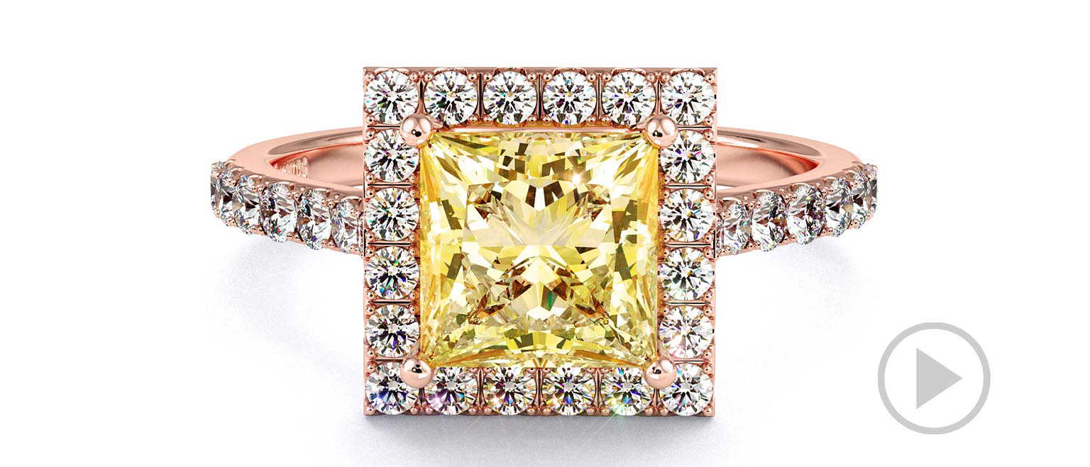 Yellow Natural Diamond Princess Halo Engagement Ring Rose Gold top video