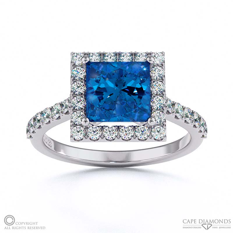 Sapphire Halo Princess Shaped Side Stone Engaement Ring White Gold