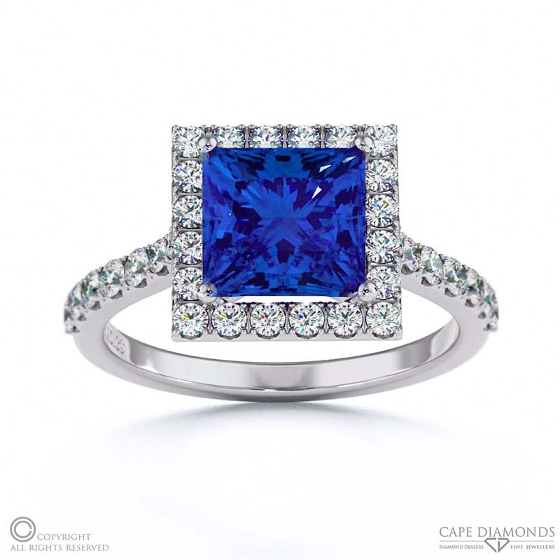 Tanzanite Halo Princess Shaped Side Stone Engaement Ring White Gold