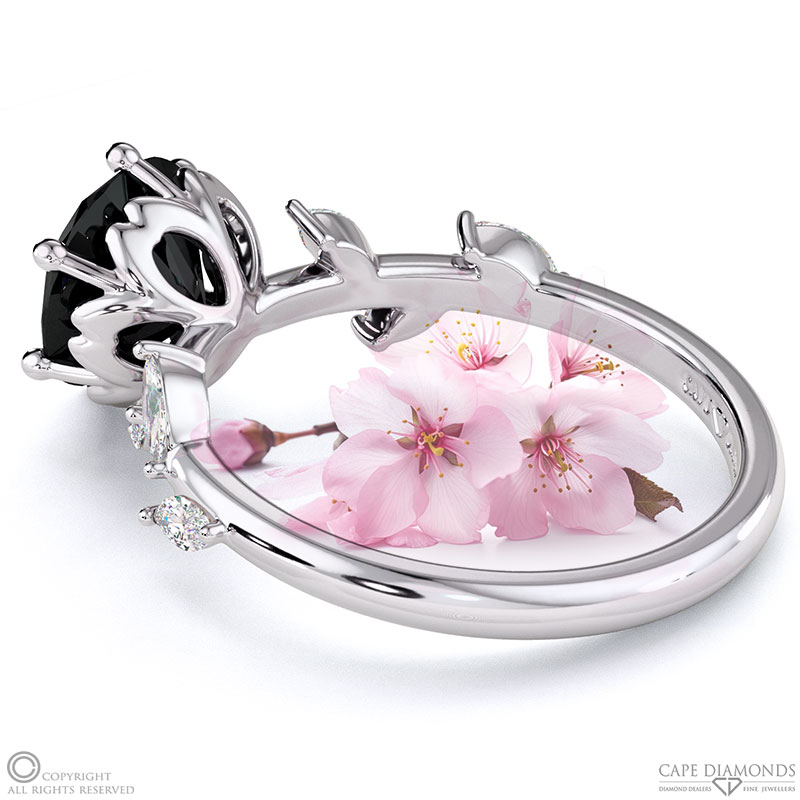 Cherry Blossom Black Lab Grown Diamond Side Stone Engagement Ring White Gold