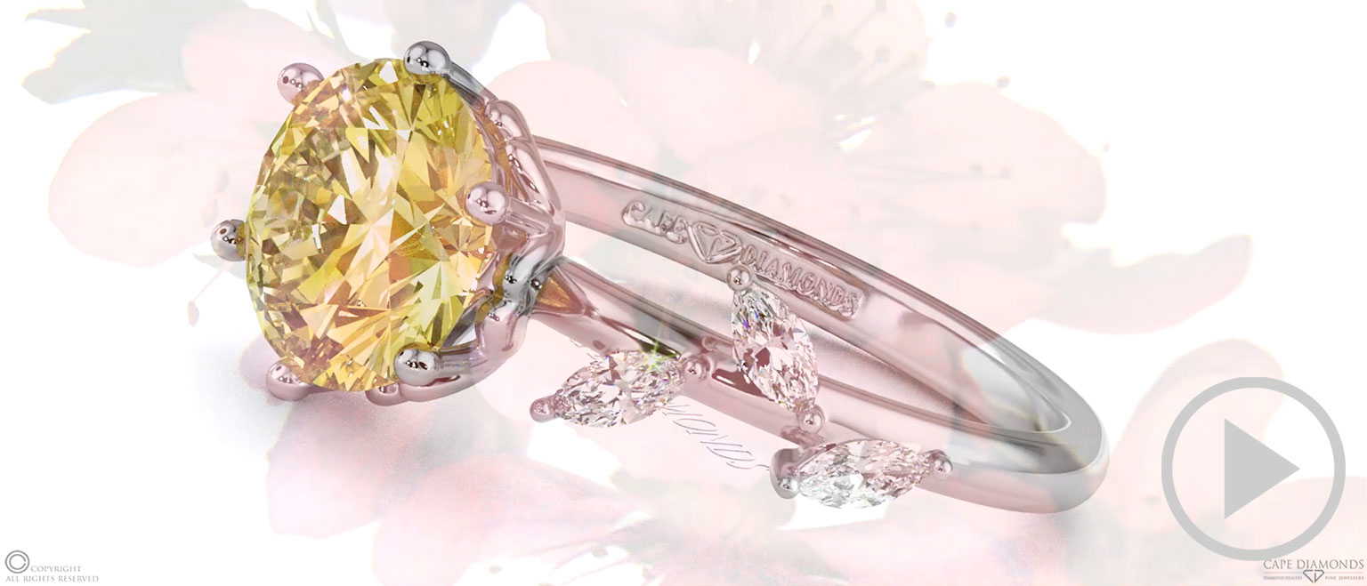 Cherry Blossom Yellow Lab Grown Diamond Side Stone Engagement Ring White Gold top video