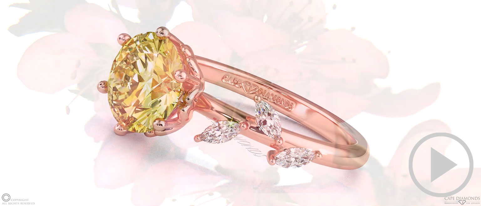 Cherry Blossom Yellow Lab Grown Diamond Side Stone Engagement Ring Rose Gold top video