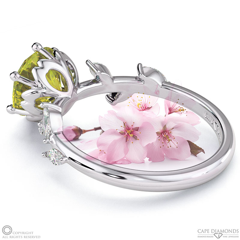 Cherry Blossom Yellow Natural Diamond Side Stone Engagement Ring White Gold