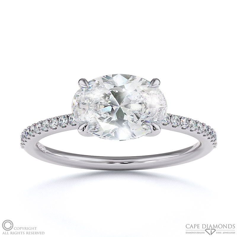 Lab Grown Diamond East West Oval Cut Sidestones Engagement Ring White Gold