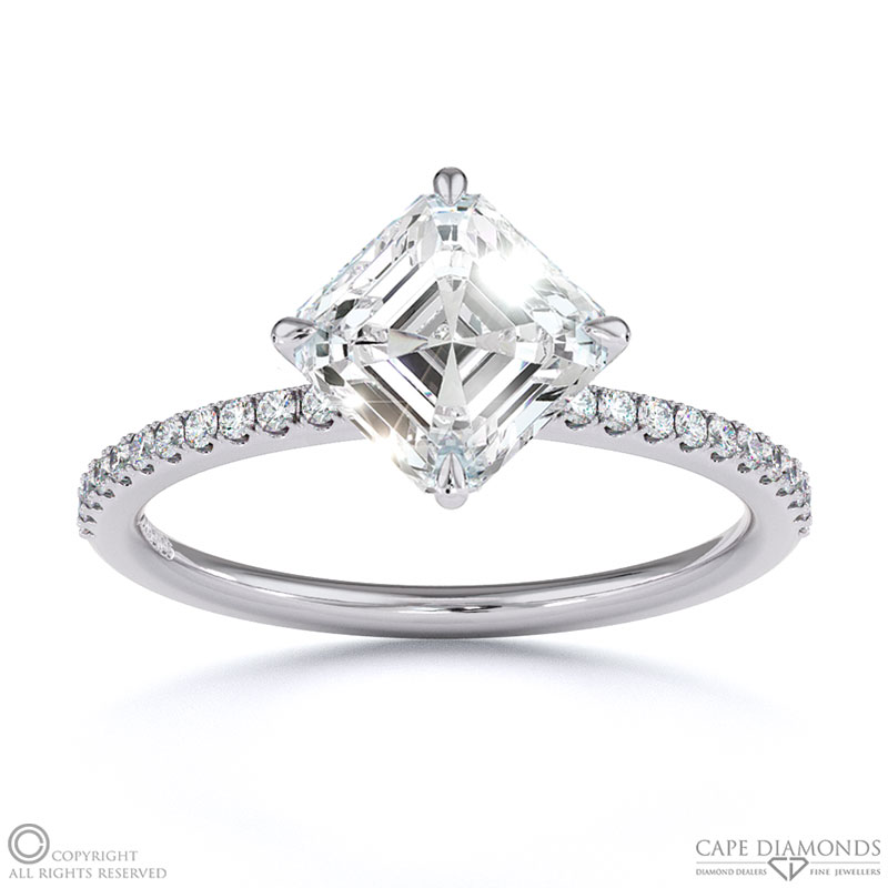 Lab Grown Diamond Asscher East West Side Stone Engagement Ring White Gold