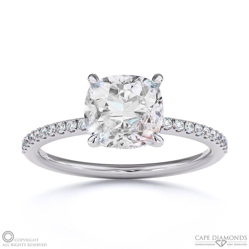 Lab Grown Diamond Cushion Cut Hidden Halo Side Stones Engagement Ring White Gold