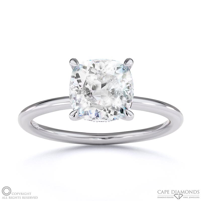 Lab Grown Diamond Cushion Cut Hidden Halo Engagement Ring White Gold