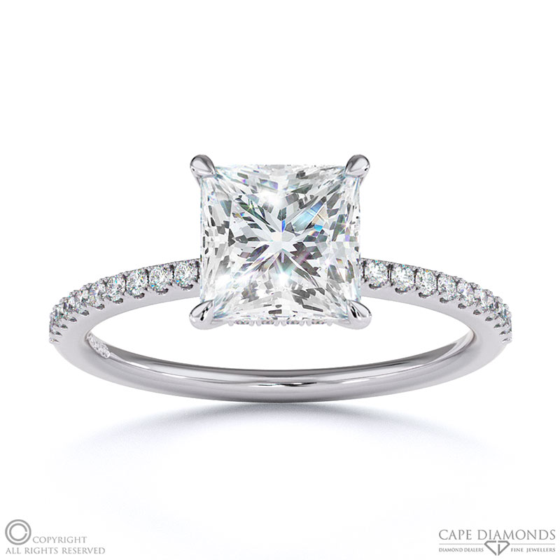 Lab Grown Diamond Princess Cut Hidden Halo Side Stones Engagement Ring White Gold