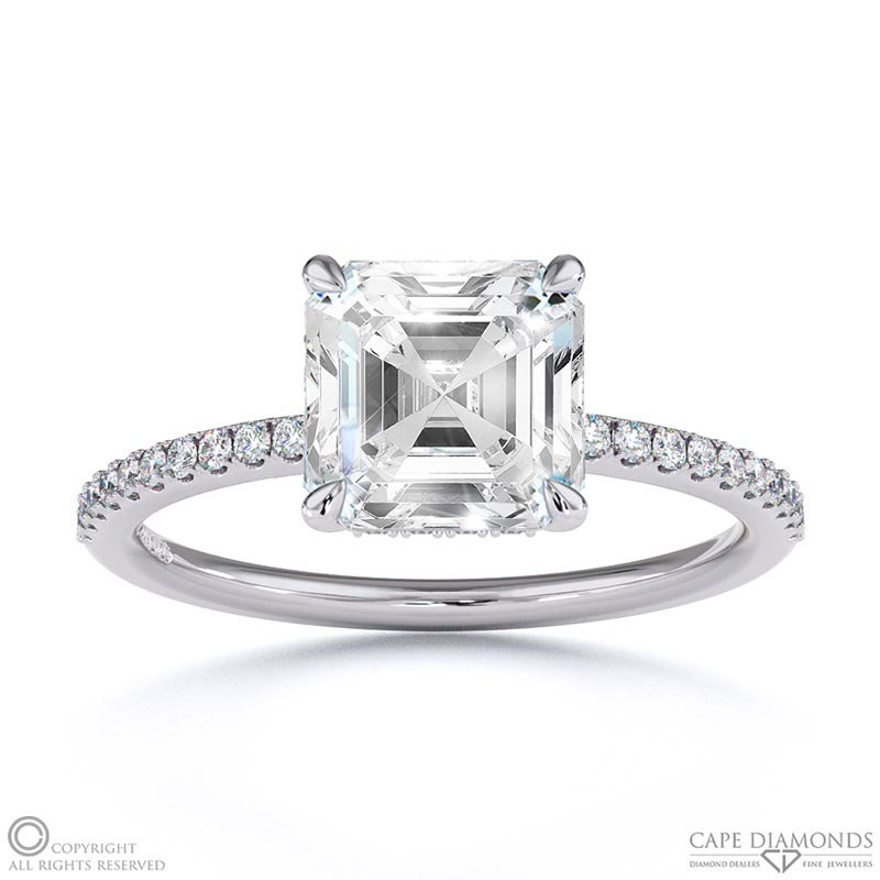 Lab Grown Diamond Asscher Cut Hidden Halo Sidestones Engagement Ring White Gold