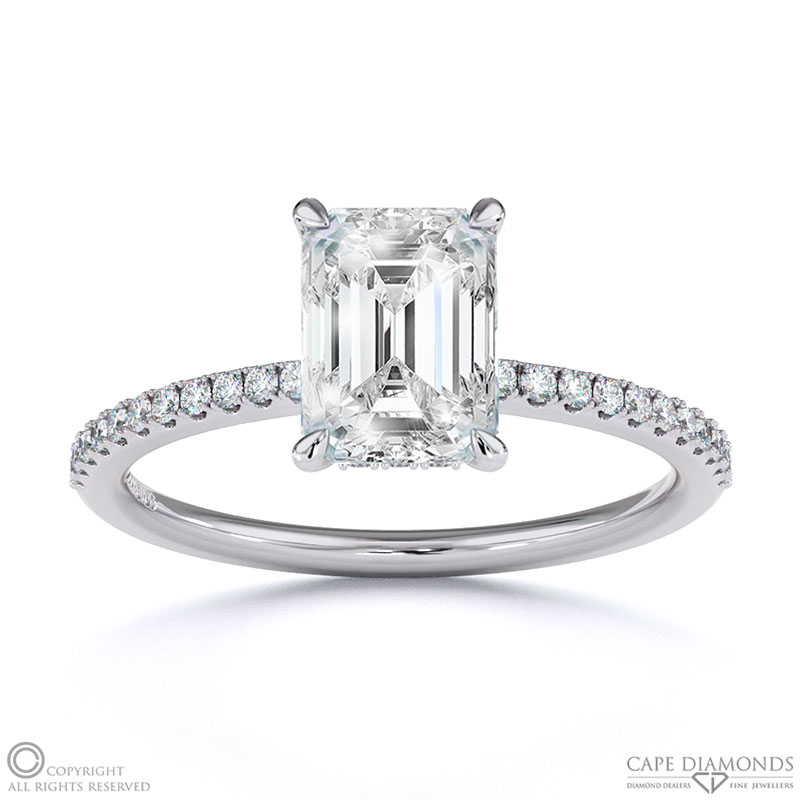 Lab Grown Diamond Emerald Cut Hidden Halo Side Stones Engagement Ring White Gold