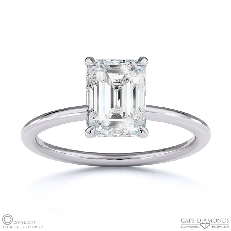 Lab Grown Diamond Emerald Hidden Halo Solitare Engagement Ring White Gold