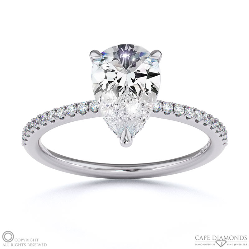 Lab Grown Diamond Pear Cut Hidden Halo Side Stones Engagement Ring White Gold
