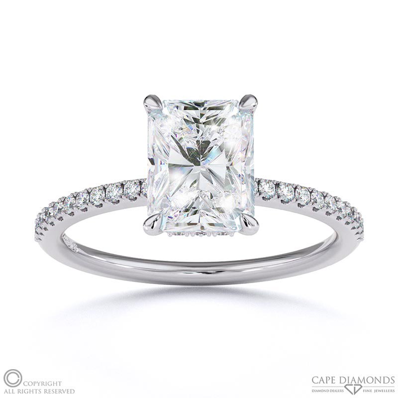 Lab Grown Diamond Radiant Cut Hidden Halo Side Stones Engagement Ring White Gold