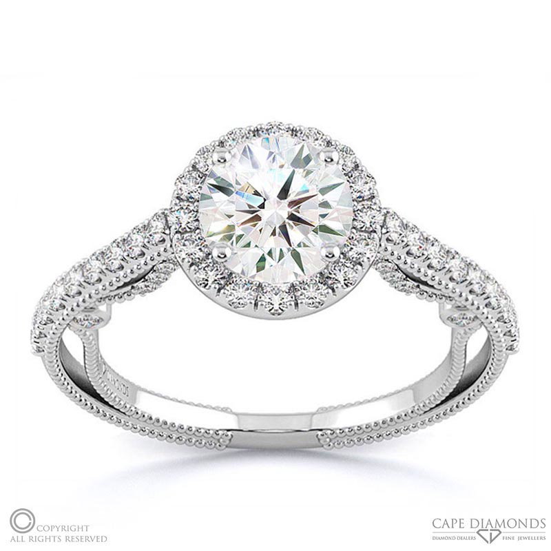 A Curl, Ornate Halo Lab Grown Diamond Engagement Ring White Gold