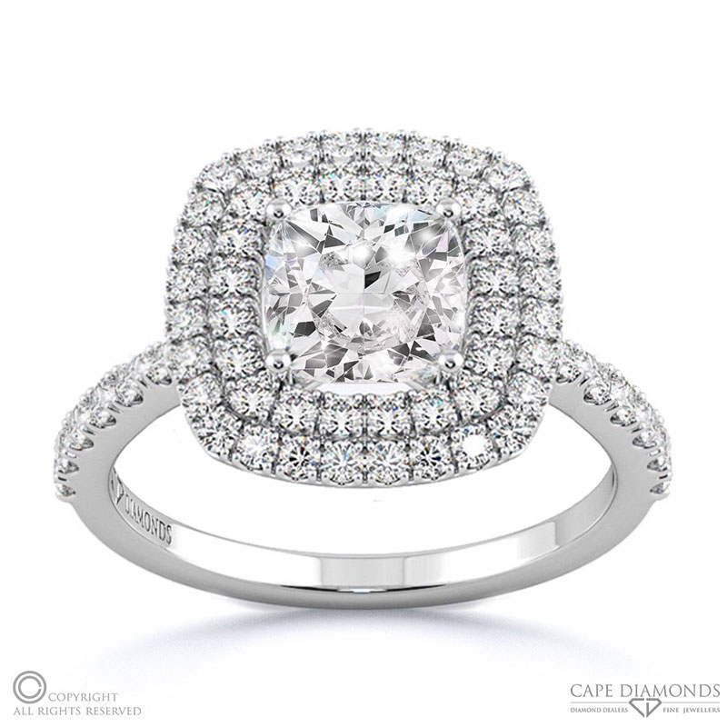 Cushion Cut Natural Diamond Double Halo Engagement Ring White Gold
