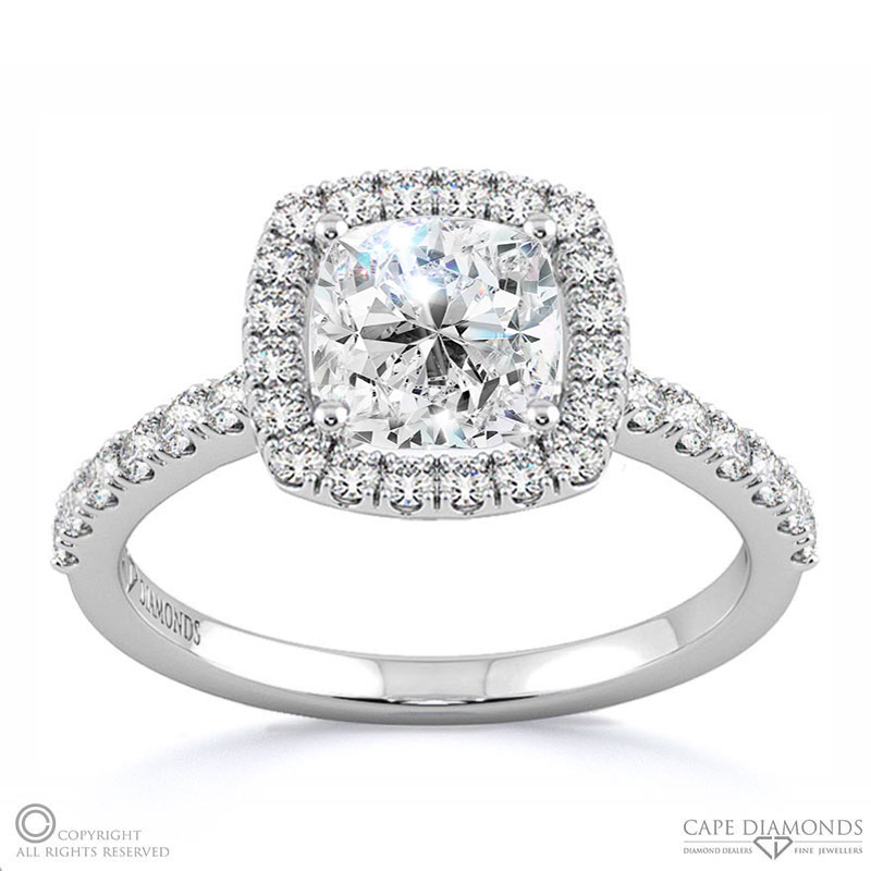 Cushion Cut Natural Diamond Halo With Side Stones Engagement Ring White Gold