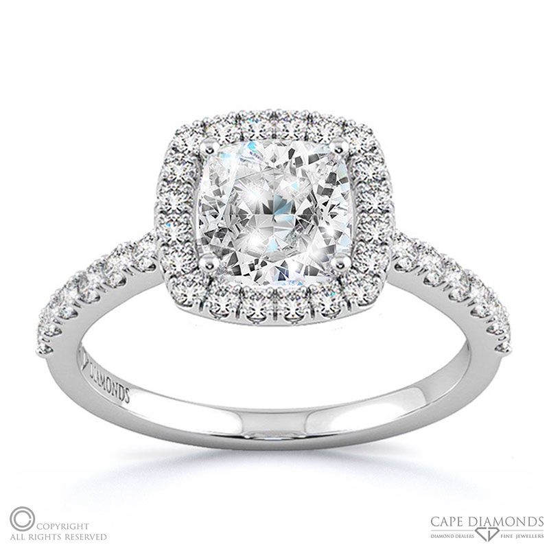 Twist Cushion Halo Lab Grown Diamond Engagement Ring White Gold Side Diamonds