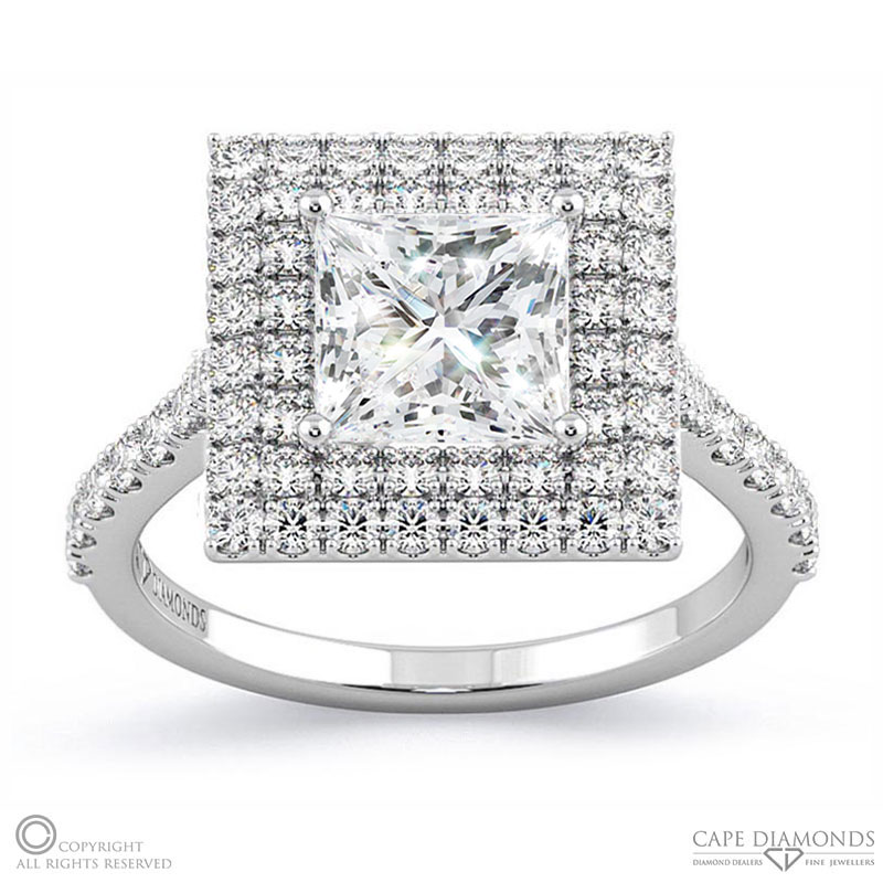 Princess Cut Lab Grown Diamond Double Halo Engagement Ring White Gold