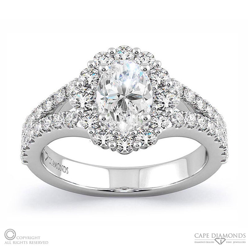 Cluster Split Band Oval Halo Natural Diamond Engagement Ring White Gold