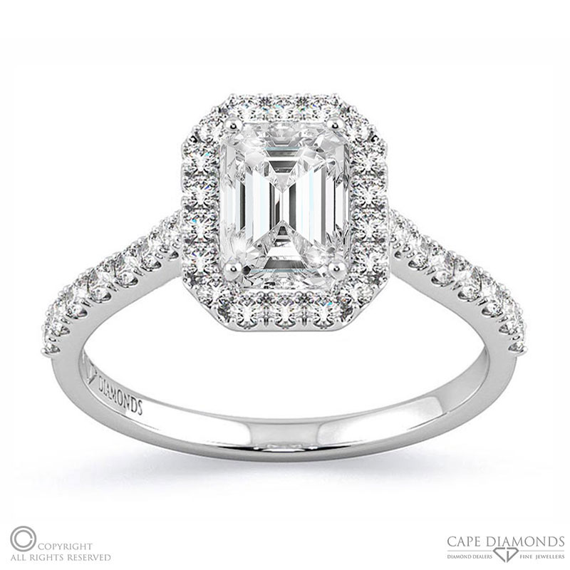Emerald Cut Lab Grown Diamond Halo Engagement Ring White Gold