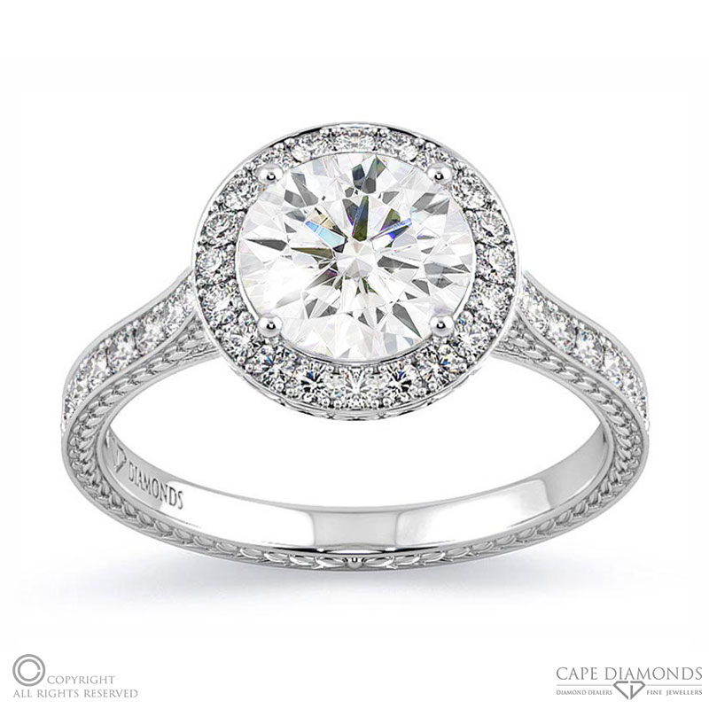 Engraved Halo Round Lab Grown Diamond Engagement Ring White Gold