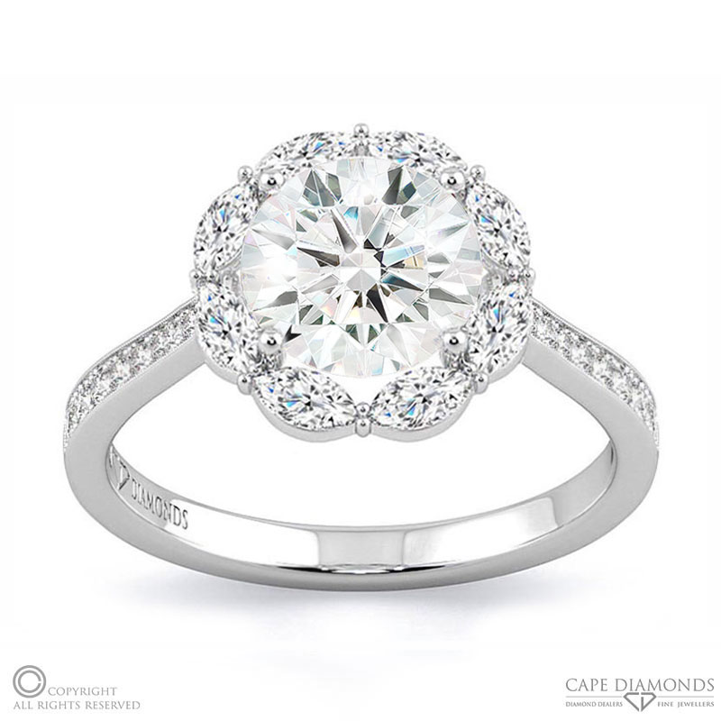Round Cut Lab Grown Diamond Halo 8 Small Marquise Diamonds